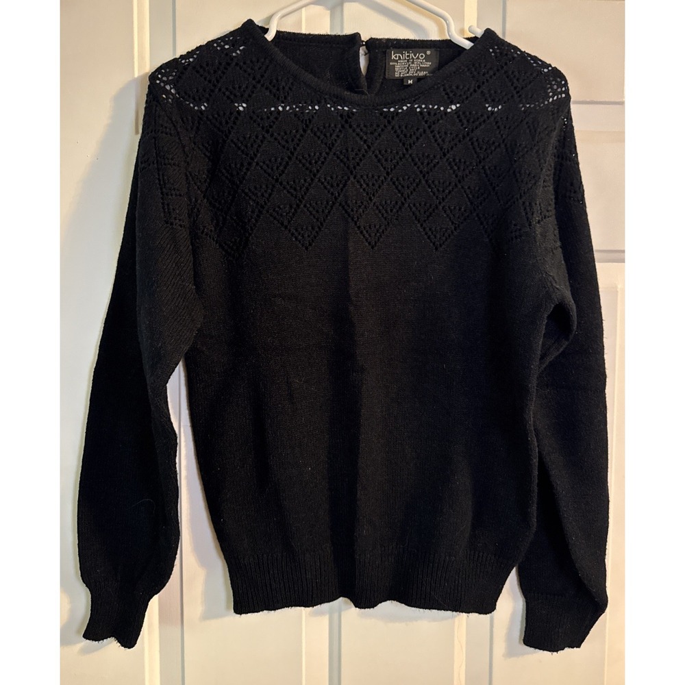 Vintage Knitivo‎ Black Sweater M Korea Women's Acrylic Diamond Knit Long Sleeve